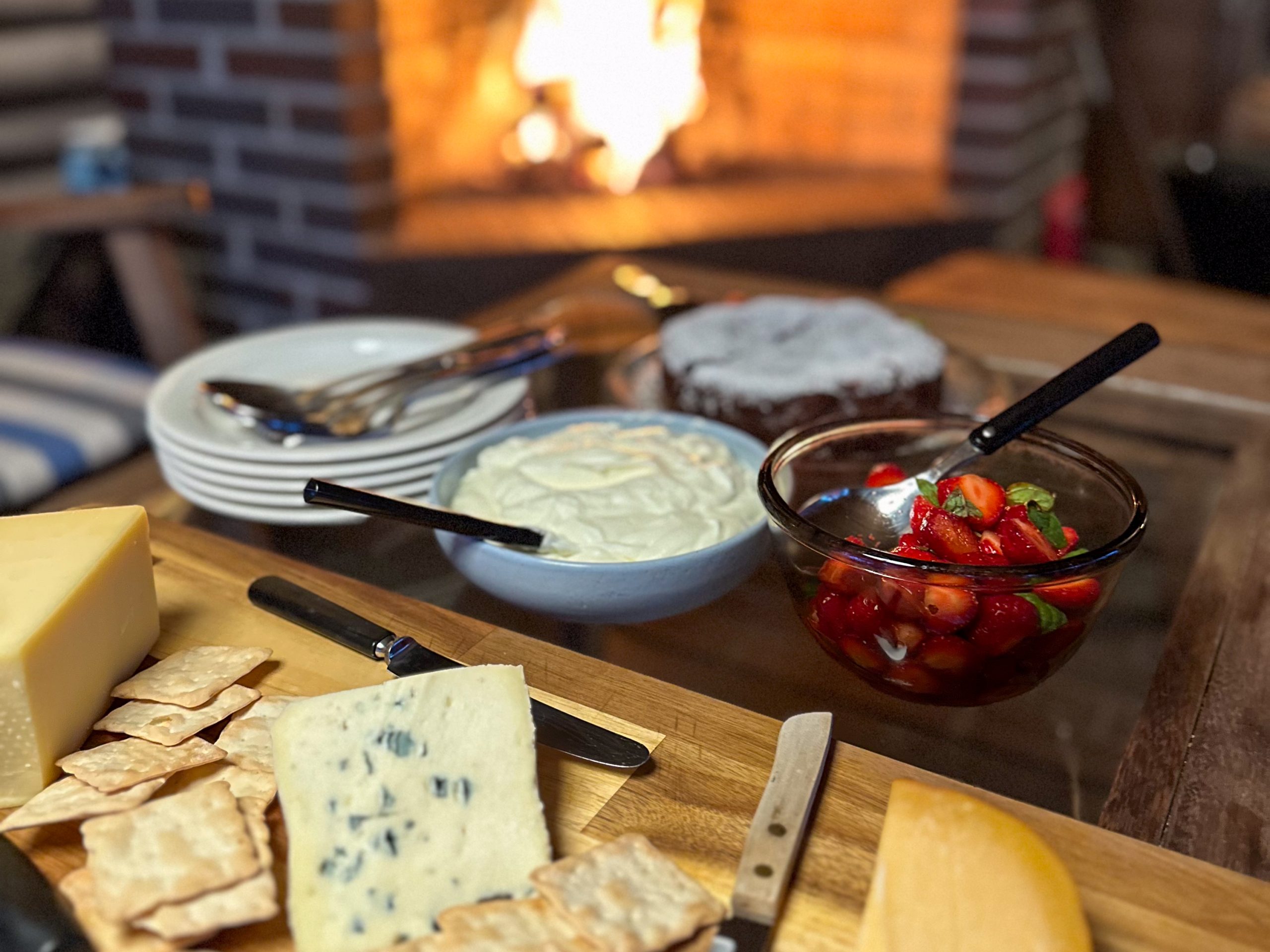 Seasonal dessert and cheese selection served during a private evening by the fireplace