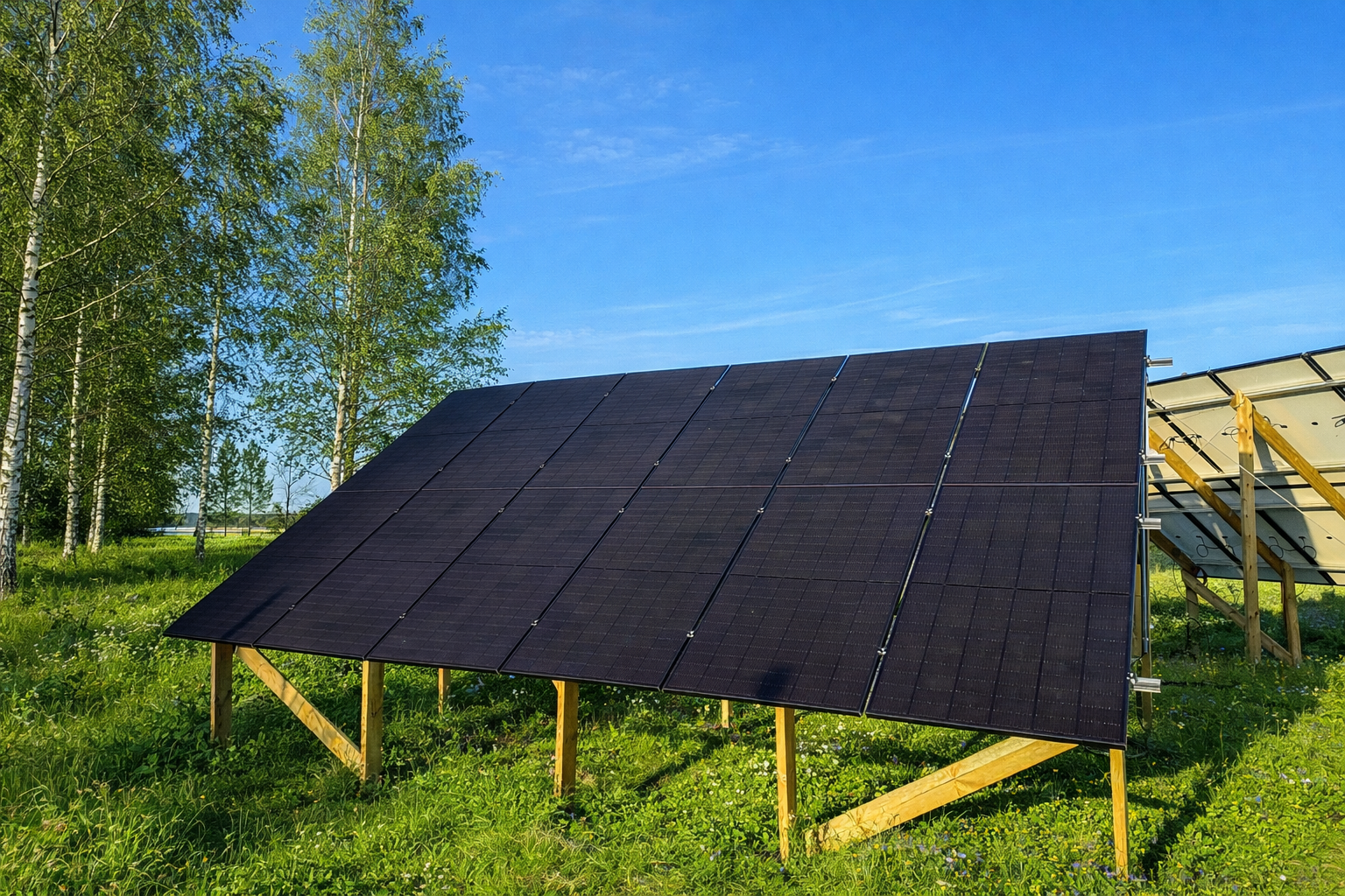 Solar panels on grassy field